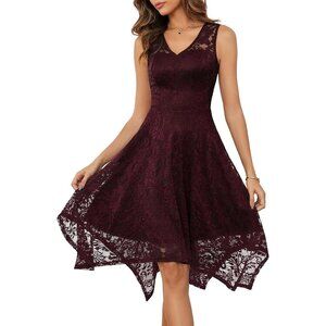 Women's Burgundy Handkerchief Hem Lace Formal Fancy Prom Cocktail Party Dress